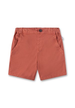 Rostfarbene Shorts aus gewobenem Stoff, mit einem Knopfverschluss, zwei Fronttaschen und einem einfachen, geraden Schnitt.