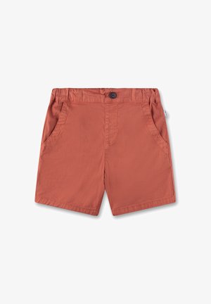 Rostfarbene Shorts aus gewobenem Stoff, mit einem Knopfverschluss, zwei Fronttaschen und einem einfachen, geraden Schnitt.