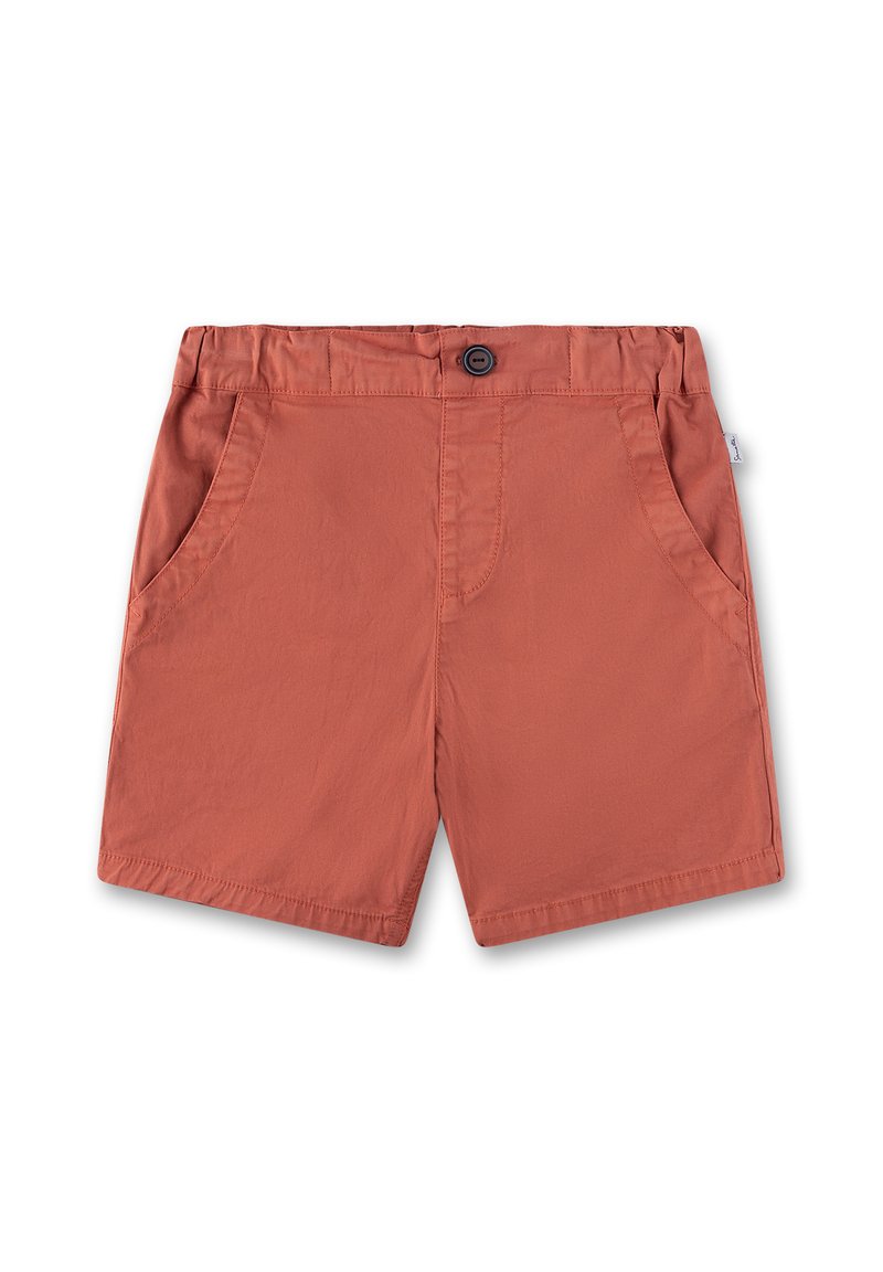 Rust-colored shorts made of woven fabric, featuring a button closure, two front pockets, and a simple, straight-cut design.