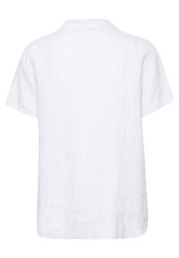 Camicia bianca in lino con vestibilità rilassata, maniche corte e una texture sottile. Presenta un colletto e orlo dritto. Vista posteriore mostrata.