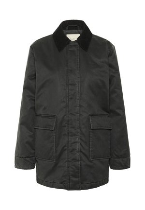 Zwarte jas met een corduroy kraag, voorzien van een voorste rits- en knoopsluiting, twee voorzakken en een recht gesneden ontwerp.