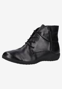 Schwarze Leder-Stiefeletten mit glatter Textur, runder Zehenform, Schnürung und einer niedrigen, flexiblen Gummisohle für hohen Komfort.