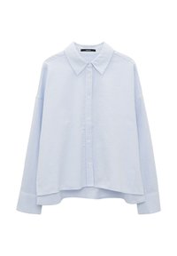 Ljusblå rutig skjorta med knappar fram, klassisk krage, lös passform och långa ärmar, med lätt böjd nederkant och texturerat tyg.