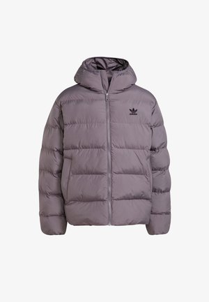 Casaco cinzento acolchoado com capuz, apresentando um fecho de correr frontal e logótipo da Adidas no peito. Feito de um tecido liso, isolante, com design acolchoado.