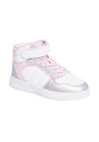 Sneaker alto realizzati in materiali sintetici rosa, bianchi e argento, con accenti glitterati e una strap con velcro per una vestibilità sicura.