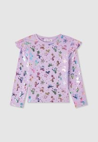 Jasnofioletowa koszula z długim rękawem z falbanami na ramionach, z kolorowymi wzorami jednorożców i gwiazd w odblaskowym metalicznym materiale.