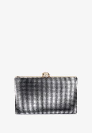Pochette rettangolare nera ricoperta di piccoli strass, con chiusura dorata decorata sul lato superiore.