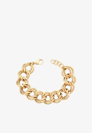 Gouden armband met schakelketting, met in elkaar grijpende ovale schakels in een gepolijste afwerking, een veilige karabijnsluiting en een verlengkettinkje voor aanpassing.