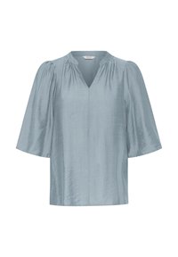 Himmelbluse mit kurzen Ärmeln und V-Ausschnitt sowie gerafften Details an den Schultern, aus einem weichen, leicht strukturierten Stoff gefertigt.