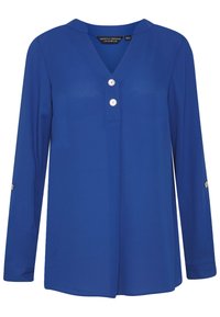 Blå långärmad blus i ett glatt tyg, med V-ringning, tre knappdetaljer framtill och knäppta manschetter.