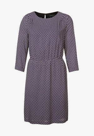 Lange mouw jurk tot de knie met een marineblauw en wit ruitpatroon, ronde halslijn en een getailleerde taille.