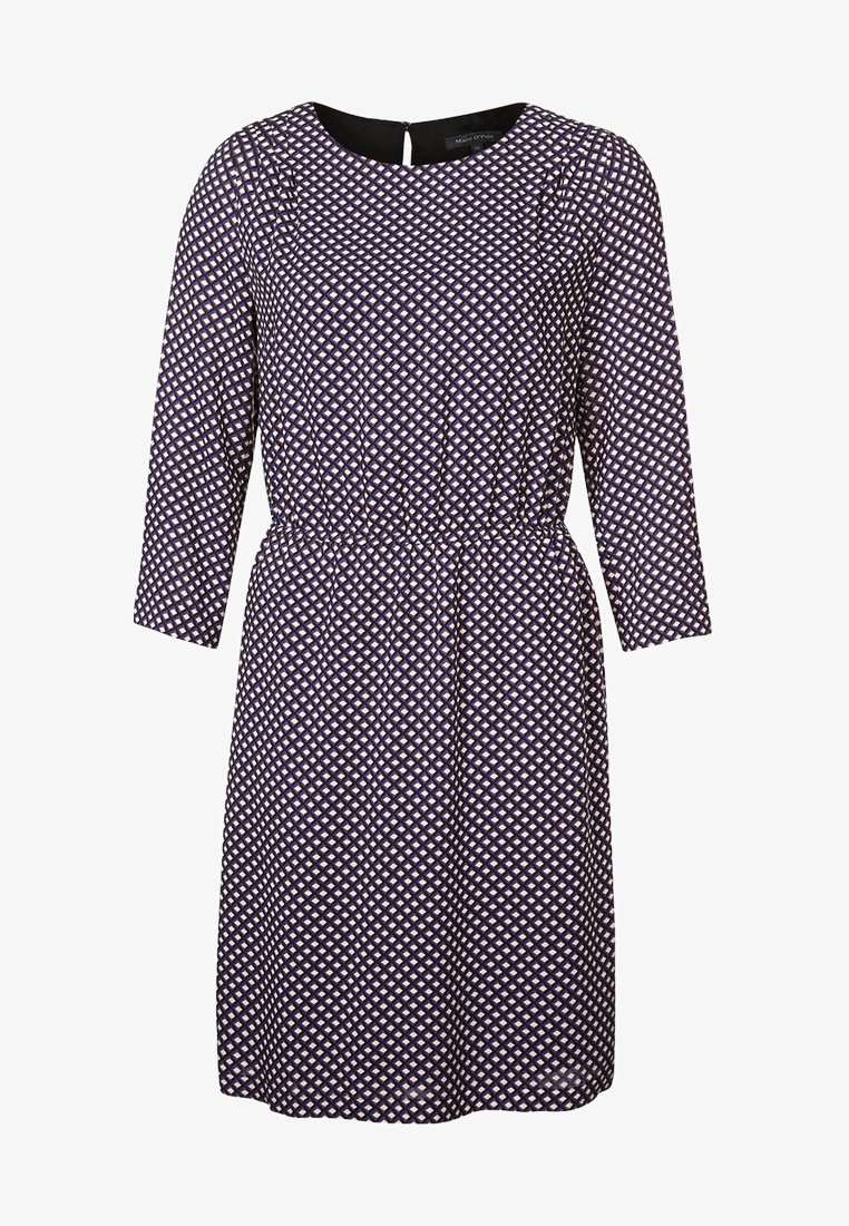 Abito lungo fino al ginocchio a maniche lunghe con un motivo a diamante blu navy e bianco, scollo rotondo e vita arricciata.