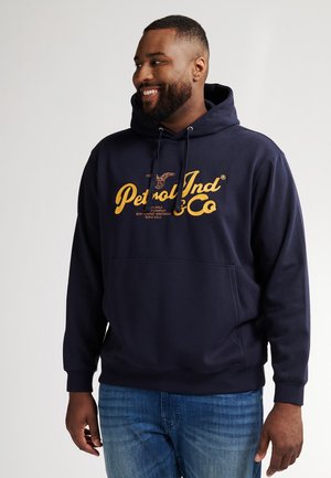 Navyblauwe hoodie met een vo zak, voorzien van een gele vintage logo tekst. Gemaakt van zachte stof met ribgebreide boorden en zoom. Casual ontwerp.