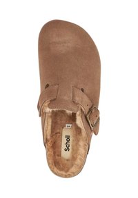 Zoccoli in suede marrone con una morbida fodera in pelliccia sintetica, caratterizzati da una fascia regolabile e dettagli con fibbia. Etichetta della taglia visibile all'interno.