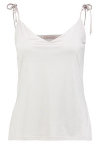 Top bianco senza maniche con scollatura a V, spalline regolabili e texture liscia. Design semplice, tessuto leggero, vestibilità casual.