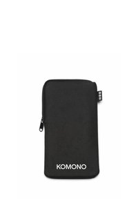 Pochette rectangulaire zippée noire en tissu texturé avec le logo blanc "KOMONO" au centre en bas sur un fond blanc.