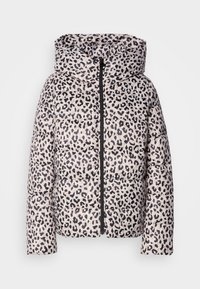 Gepolsterte Jacke im Leopardenmuster mit hohem Kragen und Reißverschluss, aus einem weichen beigen Hintergrund mit schwarzen Flecken.
