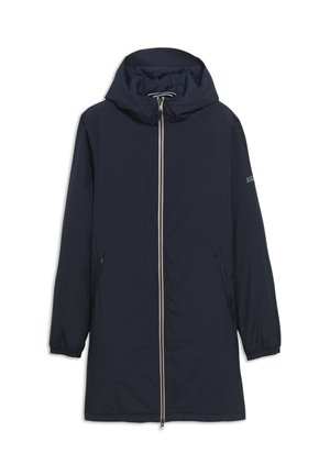 Dunkelblauer Parka mit Reißverschluss vorne, Kapuze und zwei seitlichen Taschen. Verfügt über elastische Bündchen und eine glatte, wasserabweisende Außenseite.