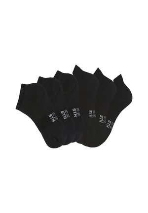 Schwarze Socken, 5er-Pack, Baumwollmischung, Knöchelhöhe, nahtloser Zehenbereich, gerippte Bündchen, Größen gekennzeichnet 35-38, einheitliche Farbe und Textur.