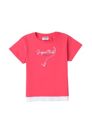 Rosa kurzärmliges T-Shirt aus Baumwolle, mit einem weißen Logo "SuperClubs" in einer geschwungenen Schriftart und einem weißen Saum am unteren Ende.