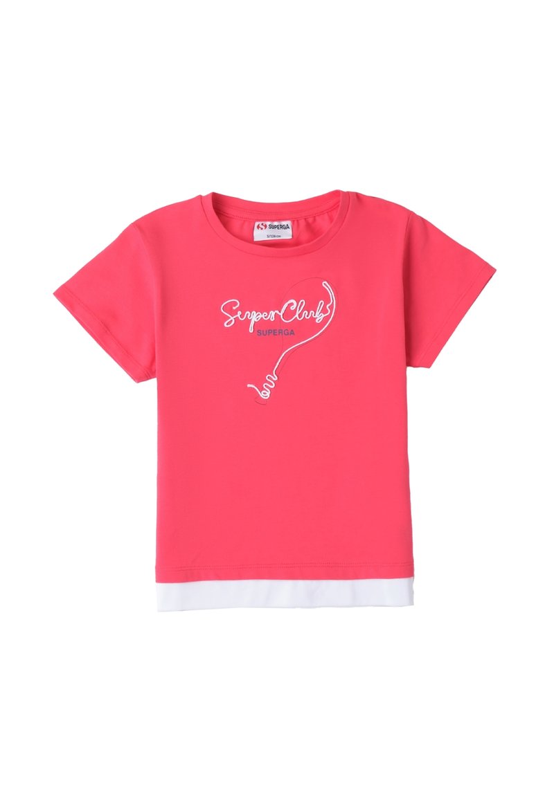 Camiseta corta de manga de color rosa, hecha de algodón, con un logo blanco "SuperClubs" en una fuente en cursiva y un dobladillo blanco en la parte inferior.