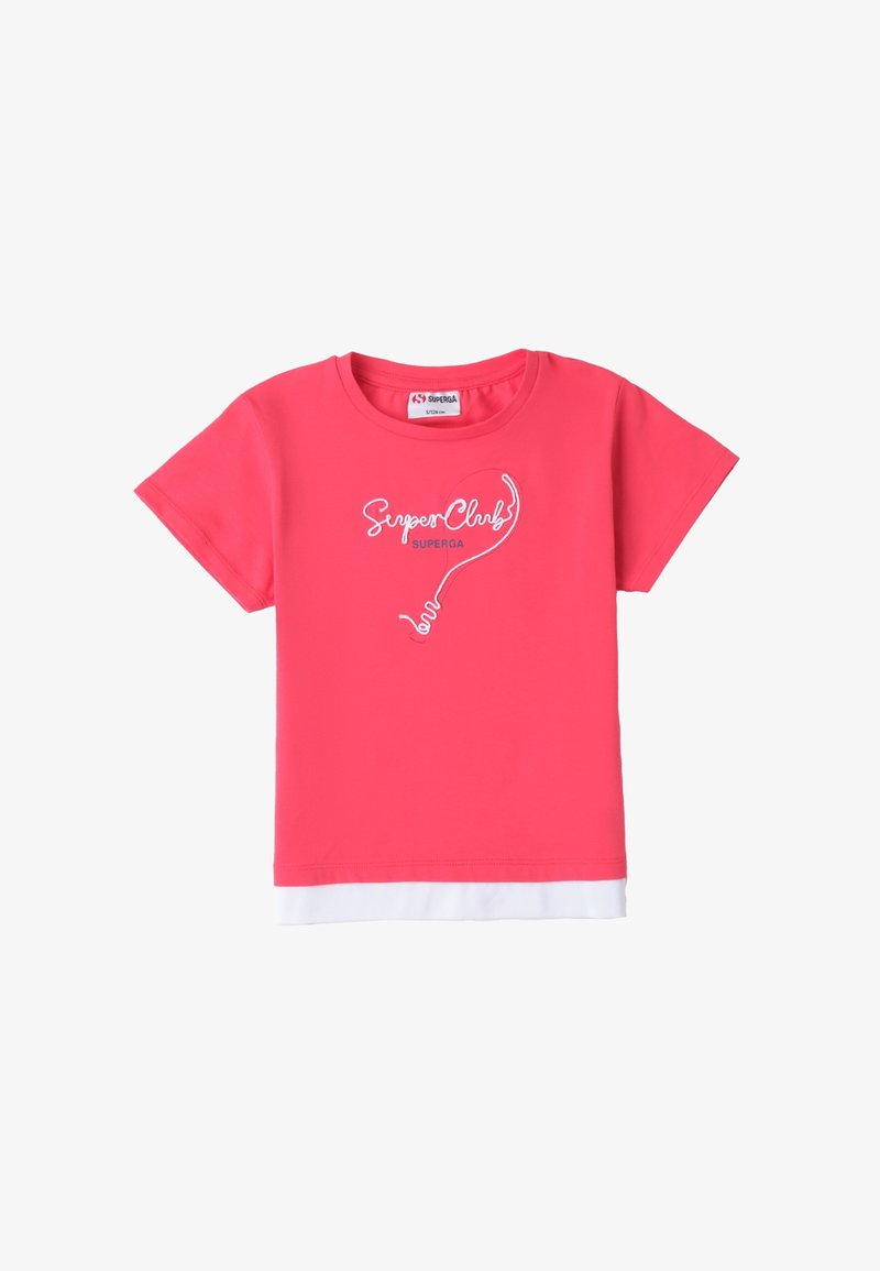 Camiseta corta de manga de color rosa, hecha de algodón, con un logo blanco "SuperClubs" en una fuente en cursiva y un dobladillo blanco en la parte inferior.