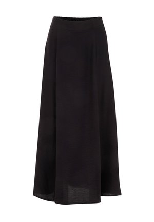 Schwarzer, luftiger Rock mit einem elastischen Bund; aus einem leichten, strukturierten Stoff und mit einer schwingenden A-Linien-Silhouette.