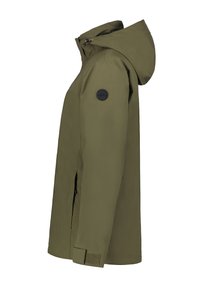 Olive green waterproof jacket with a hood, side pockets, and a black logo patch on the sleeve. Smooth texture and regular fit.