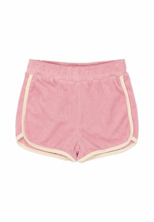 Różowe szorty z frotté z elastycznym pasem, ozdobione ecru lamówką po bokach i na dole. Gładka tekstura, luźny fason.