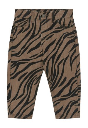 Pantaloni marroni per bambini piccoli con motivo a strisce di tigre nere, chiusura con bottone, passanti per cintura e tasche frontali.