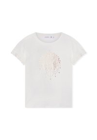 Biała bawełniana koszulka z różowo-złotą folią w kształcie lotosu na środku, z koronkowym wykończeniem na krótkich rękawach.