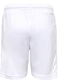 Weiße Sportshorts mit elastischem Bund und glattem, leichtem Stoff. Das Design umfasst minimale Nähte und keine Taschen.