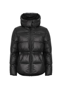 Zwarte gewatteerde jas met een capuchon, een ritssluiting aan de voorkant, elastische manchetten en een gestikte paneelontwerp voor isolatie. Het materiaal heeft een gladde afwerking.