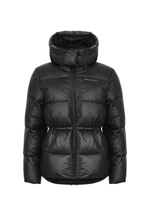Chaqueta de plumas negra con capucha, cierre frontal con cremallera, puños elásticos y diseño de paneles cosidos para aislamiento. El material tiene un acabado suave.