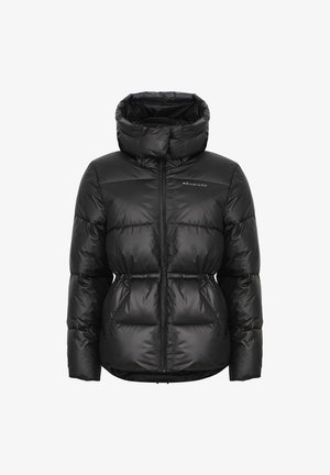 Czarna kurtka puchowa z kapturem, zapinana na zamek z przodu, z elastycznymi mankietami i przeszywaną konstrukcją dla lepszej izolacji. Materiał ma gładkie wykończenie.