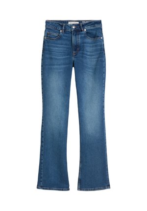 Blauwe denim flared jeans met een hoge taille, vijf-pocket ontwerp en lichte vervaging, met een rechte pijp die eindigt in ruwe zoom.