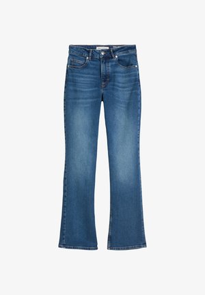Blue denim flared jeans featuring a high waist, five-pocket design, and slight fading with a straight leg ending in raw hems.