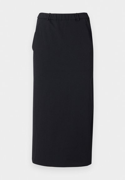 Svart blyantskjørt laget av lett materiale. Har elastisk midjebånd og sidelommer. Rett snitt med knelange design.