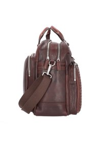 Borsa in pelle marrone con più scomparti con zip, una texture intrecciata su un lato e una tracolla marrone rimovibile. Manico robusto incluso.
