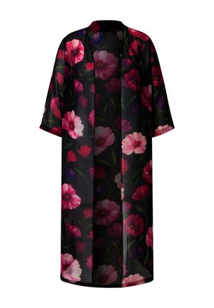 Pitkä musta läpikuultava kimonomallinen aamutakki, jossa on suuret vaaleanpunaiset ja punaiset kukkakuviot sekä puolipitkät hihat.