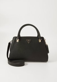 Black textured leather handbag with dual handles, removable shoulder strap, and gold-tone Guess logo plaque on front.