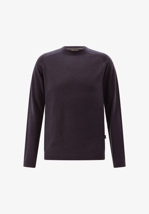 Dunkellila Langarm-Crewneck-Pullover mit geripptem Kragen, Bündchen und Saum, auf einem weißen Hintergrund präsentiert.