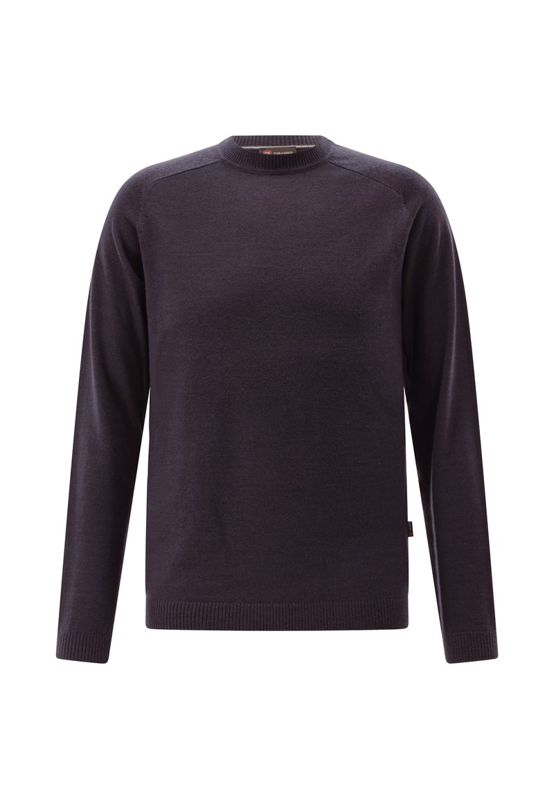 Dunkellila Langarm-Crewneck-Pullover mit geripptem Kragen, Bündchen und Saum, auf einem weißen Hintergrund präsentiert.