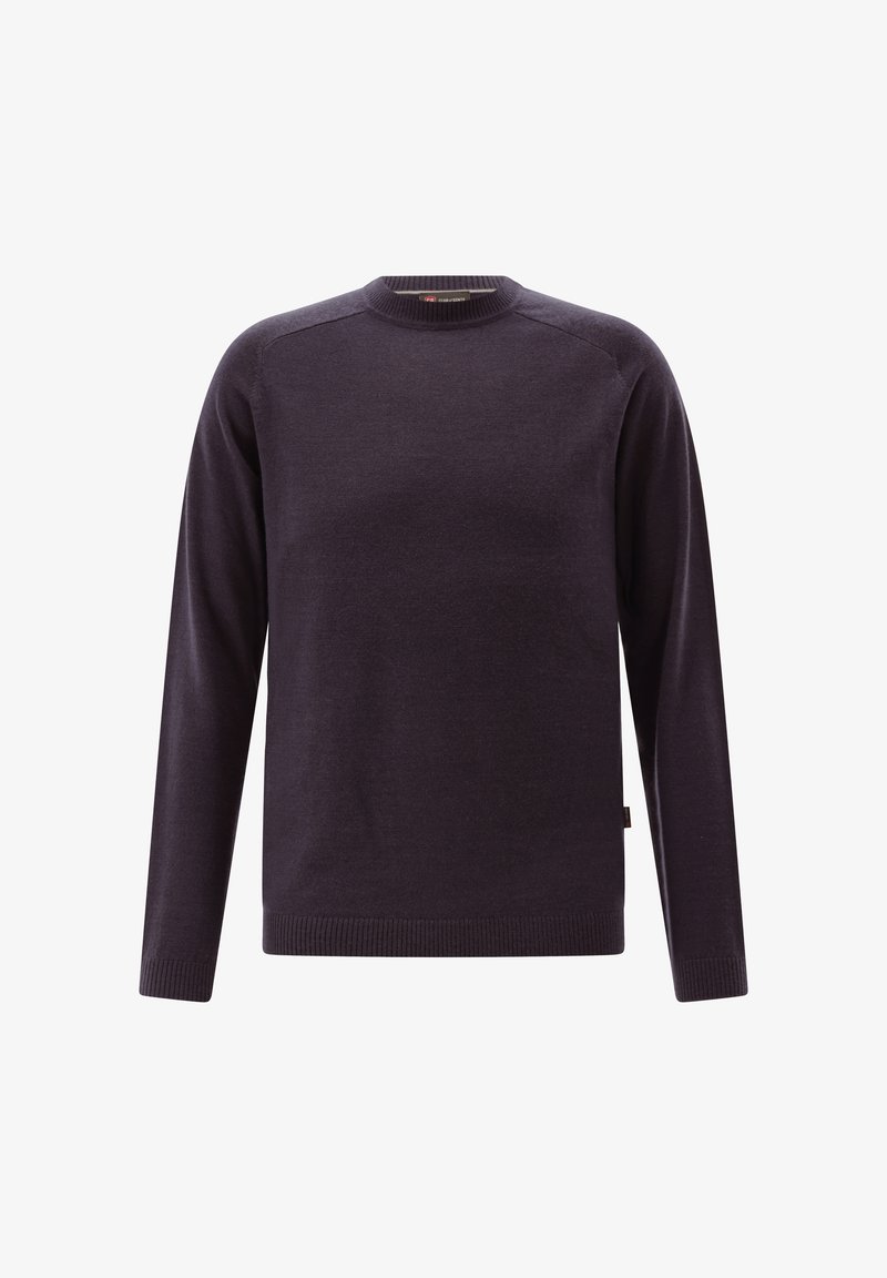 Dunkellila Langarm-Crewneck-Pullover mit geripptem Kragen, Bündchen und Saum, auf einem weißen Hintergrund präsentiert.