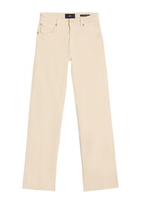 Beżowe jeansy o szerokich nogawkach z klasycznym designem z pięcioma kieszeniami, metalowymi elementami i miękkim, teksturowanym materiałem. Czyste, dopasowane krawędzie.