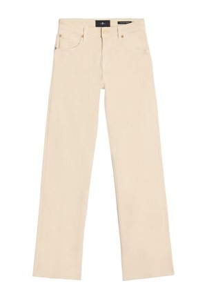 Jean beige à jambes larges avec un design classique  à cinq poches, des accessoires en métal et un tissu doux et texturé. Bords nets et ajustés.