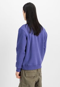 Lilla sweatshirt med rund hals og lange ærmer. Lavet af blødt stof, med ribbede manchetter og kant, parret med olivengrønne cargo-bukser.