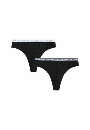 Dve čierne nohavičky v štýle bikin s bielymi pásmi v páse, na ktorých je opakujúce sa označenie „NEXT“ v čiernom texte.