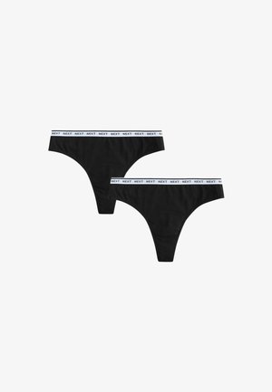 Dwie czarne majtki typu bikini z białymi pasami w talii z powtarzającym się logo "NEXT" w czarnym tekście.