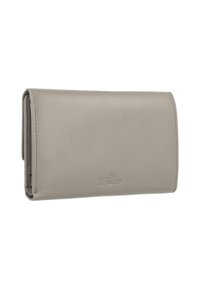 Portafoglio in pelle grigia con una texture liscia, dotato di protezione RFID, design pieghevole e un logo sobrio impresso sul frontale.